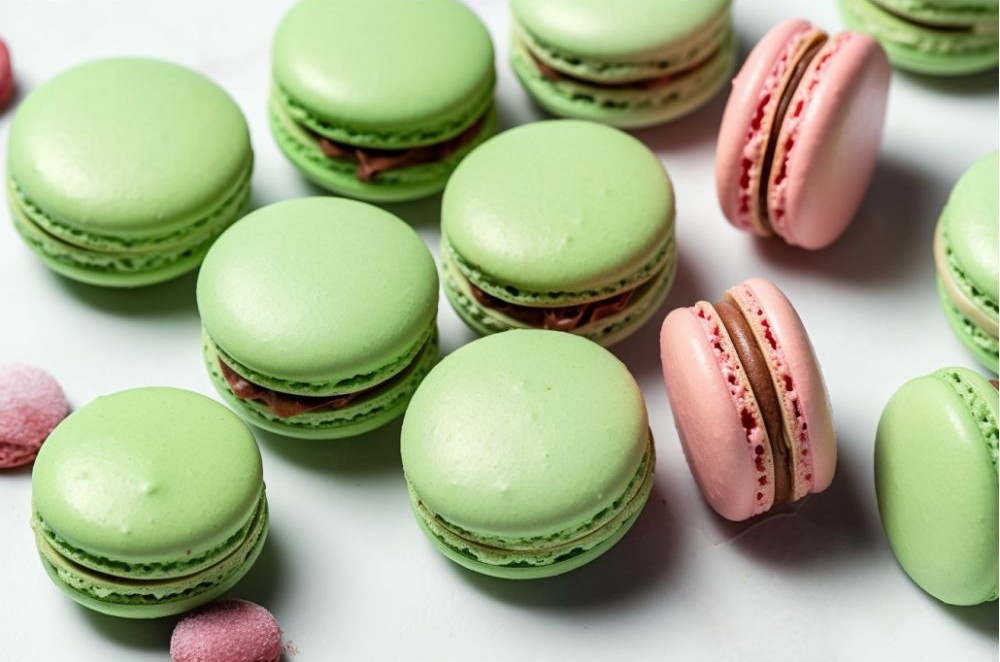 Közelről fotózott zöld és rózsaszín matcha macaronok egymás mellett, halomba rendezve, világos háttér előtt