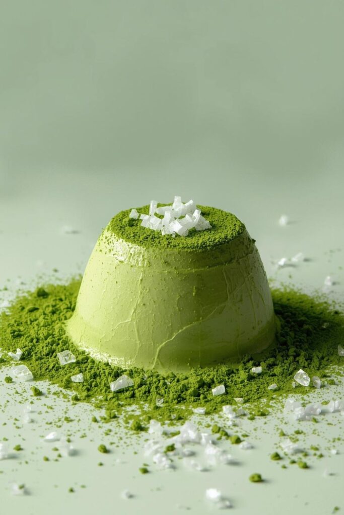 Zöld matcha panna cotta matchaporral megszórva, cukorkristályokkal körülvéve, közeli felvételen