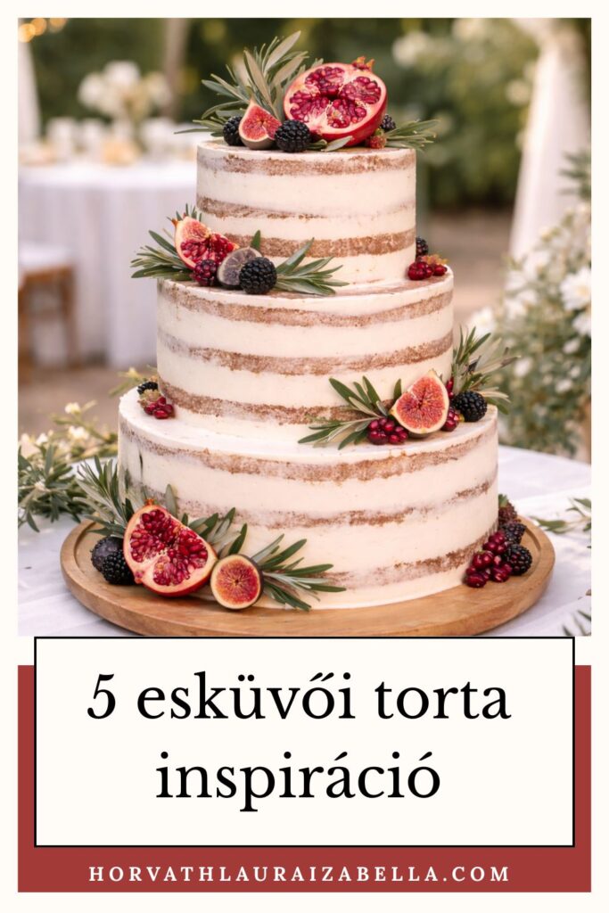 Kétszintes „naked cake” esküvői torta friss gránátalmával, fügével, szederrel és rozmaringgal díszítve – egészséges, gyümölcsös esküvői torta inspiráció