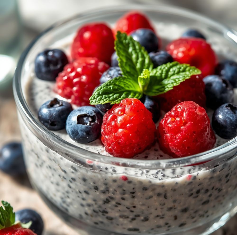 Protein chia puding friss bogyós gyümölcsökkel és mentalevéllel díszítve – tápláló menyasszonyi reggeli