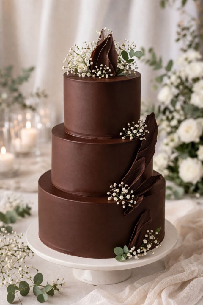 Háromszintes étcsokoládés esküvői torta csokoládé drépédekorációval és apró fehér virágokkal díszítve, gyertyákkal és rózsákkal a háttérben – elegáns, mély barna esküvői torta inspiráció
