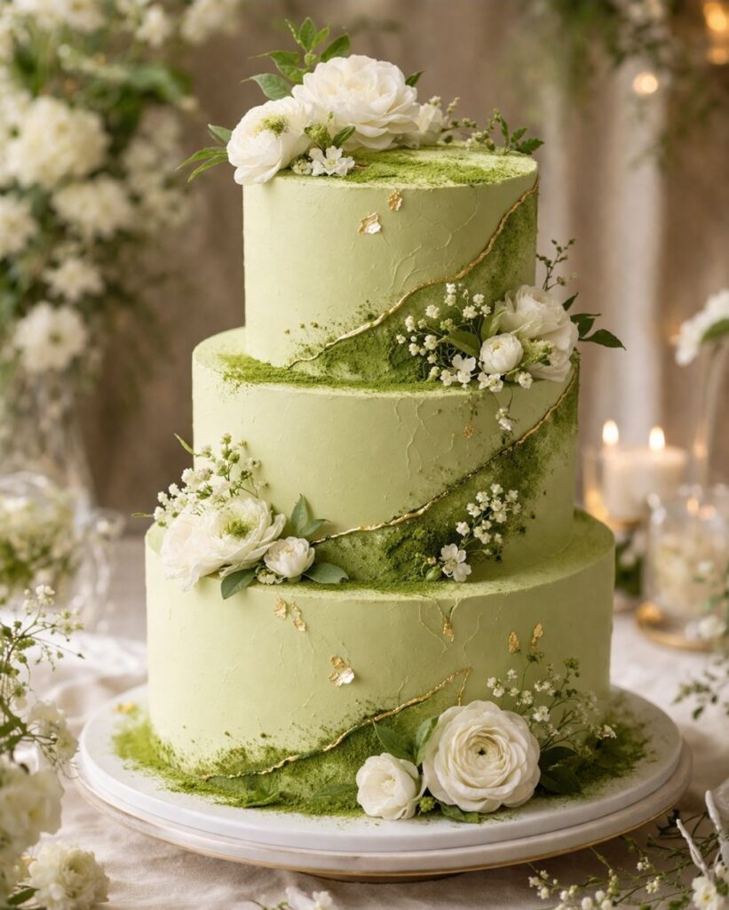 Zöld matcha esküvői torta aranyfüst díszekkel és fehér virágdíszekkel – elegáns, természetes hangulatú esküvői torta inspiráció