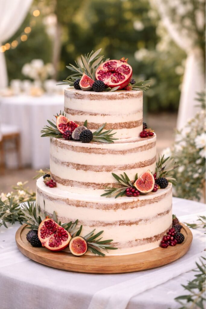Kétszintes naked cake esküvői torta közelről, fügével, szederrel, gránátalma magokkal és rozmaringgal díszítve – természetes, gyümölcsös esküvői torta inspiráció