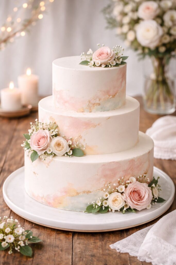 Háromszintes esküvői torta akvarell hatású, rózsaszín-őszibarack márványozott mázzal, élő rózsákkal díszítve, gyertyákkal a háttérben – romantikus, lágy színű esküvői torta inspiráció