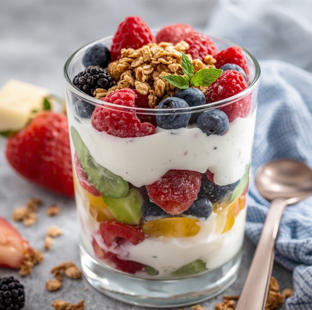 Rétegezett gyümölcsös joghurt parfé kiwivel, bogyós gyümölcsökkel és granolával – könnyű menyasszonyi reggeli