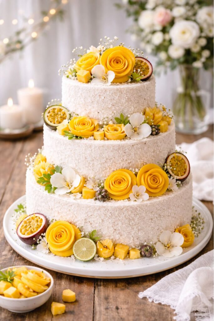 Kókuszreszelékes esküvői torta mangóval, lime szeletekkel, gyümölcsvirágokkal és passiógyümölccsel díszítve fa asztalon – trópusi kókusz-mangó esküvői torta inspiráció