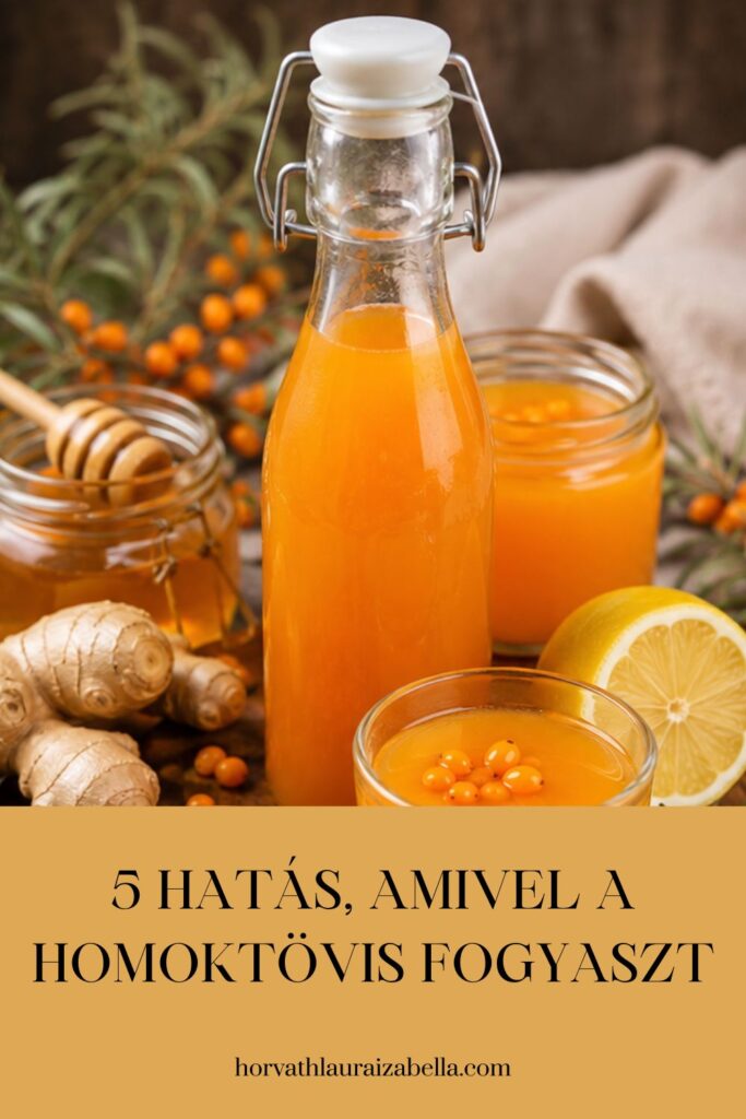 5 meglepő hatást bemutató Pinterest grafika arról, hogyan segíti a homoktövis a zsírégetést, alatta homoktövis szörppel, mézzel, gyömbérrel és citrommal