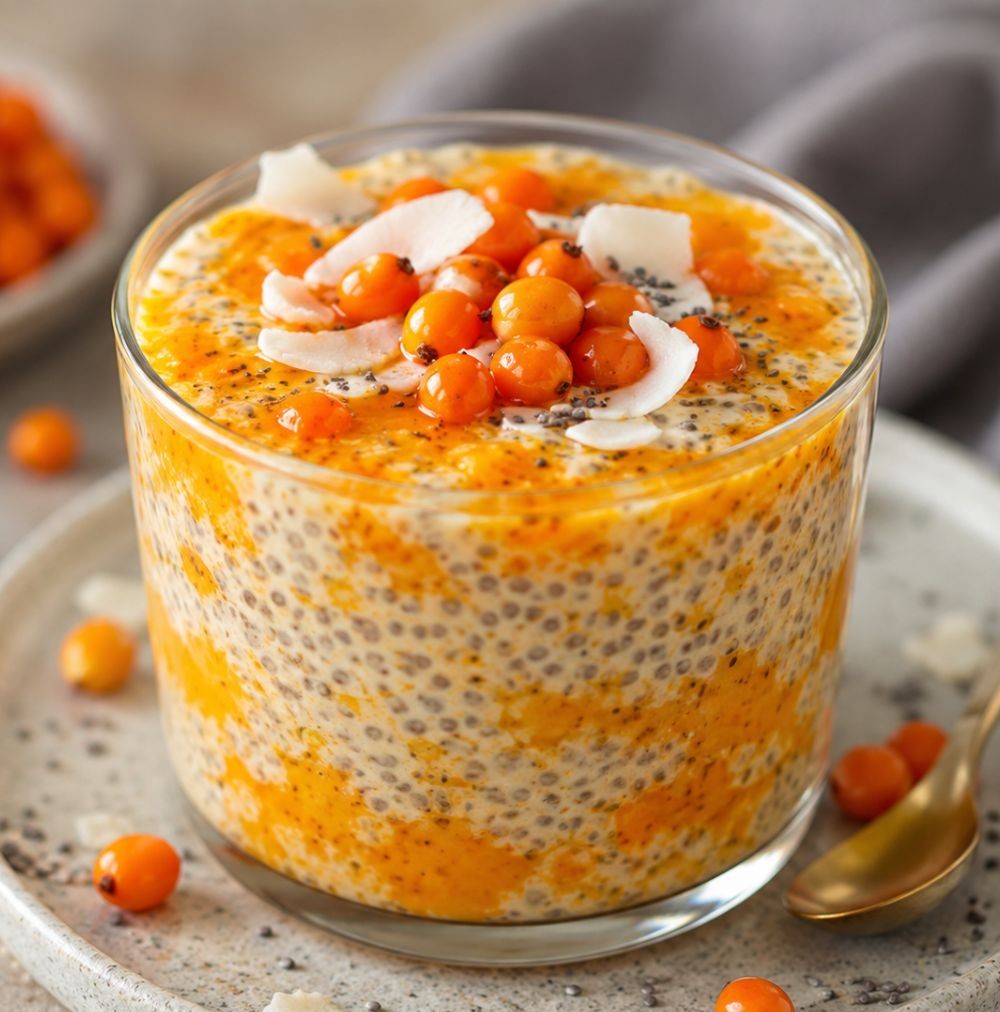 Homoktövis chia puding pohárban, kókuszreszelékkel és friss bogyókkal díszítve