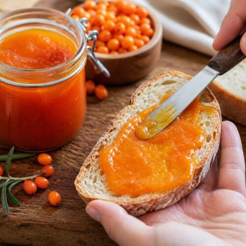 Homoktövis lekvár késsel kenve friss zsemlére, mellette üveg lekvár és tál bogyó