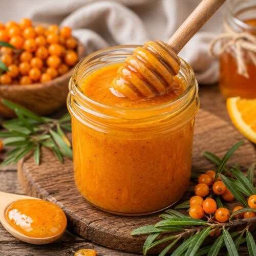 Homoktövis lekvár üvegben, mézzel és narancsszelettel díszítve