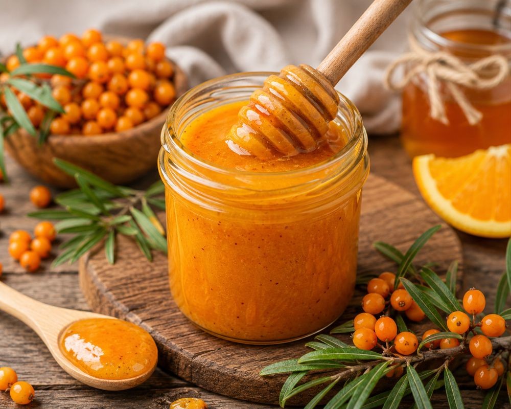 Homoktövis lekvár üvegben, mézzel és narancsszelettel díszítve