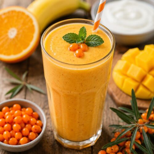 Homoktövis smoothie magas pohárban, mangóval, joghurttal és friss bogyókkal díszítve