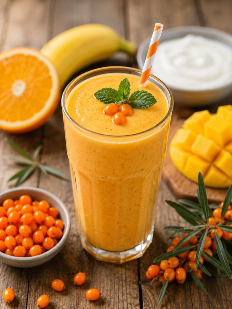 Homoktövis smoothie magas pohárban, mangóval, joghurttal és friss bogyókkal díszítve