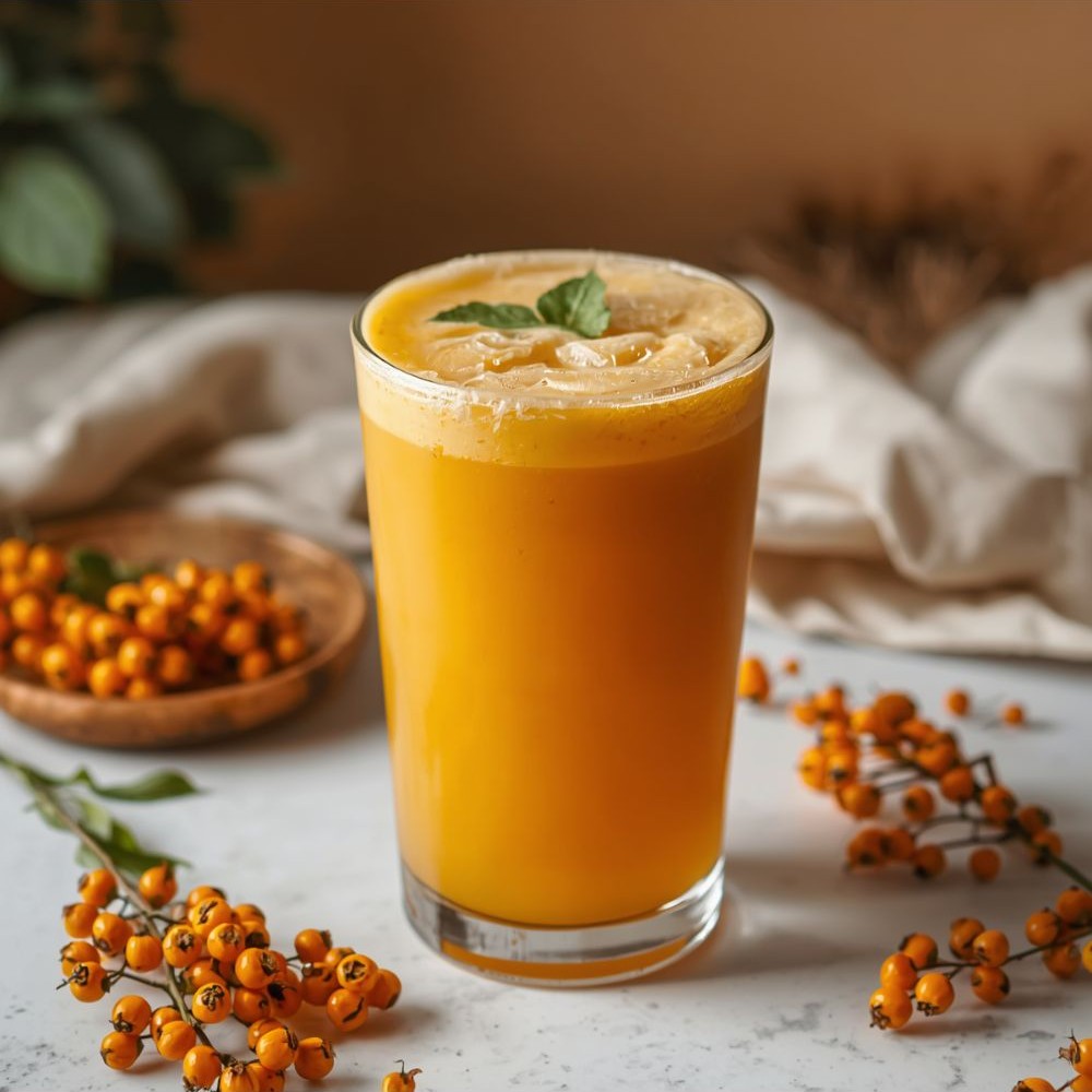 Pohár homoktövis smoothie friss bogyókkal körülvéve