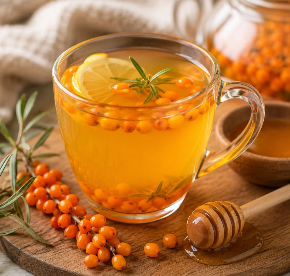 Homoktövis tea csészében, citromszelettel, rozmaringgal és mézzel