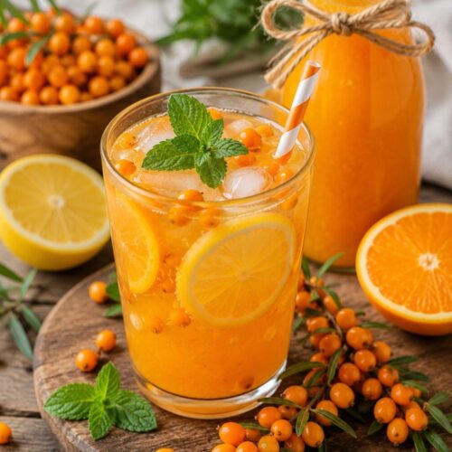 Homoktövis limonádé jeges pohárban, citromszelettel, mentával és friss bogyókkal díszítve