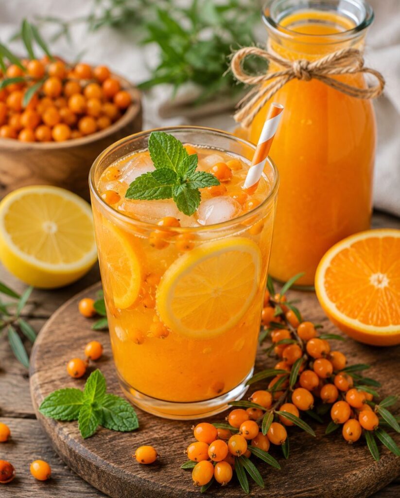 Homoktövis limonádé jeges pohárban, citromszelettel, mentával és friss bogyókkal díszítve