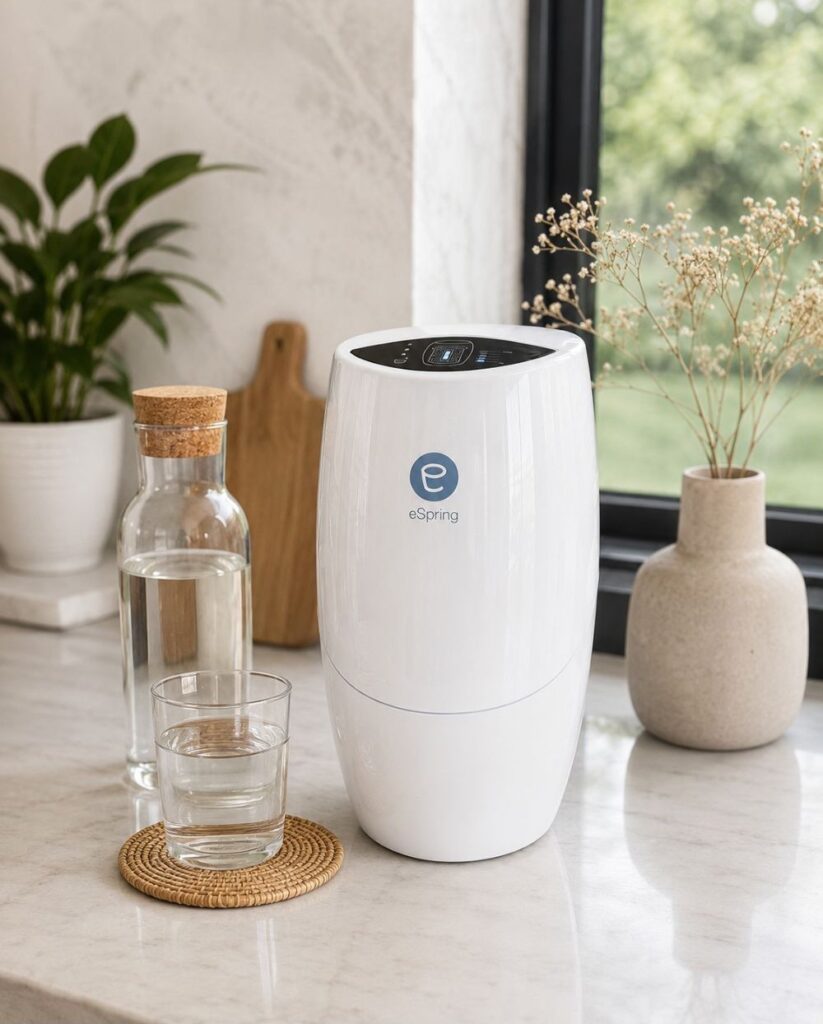 eSpring víztisztító rendszer konyhai pulton, mellette pohár és kancsó tiszta vízzel