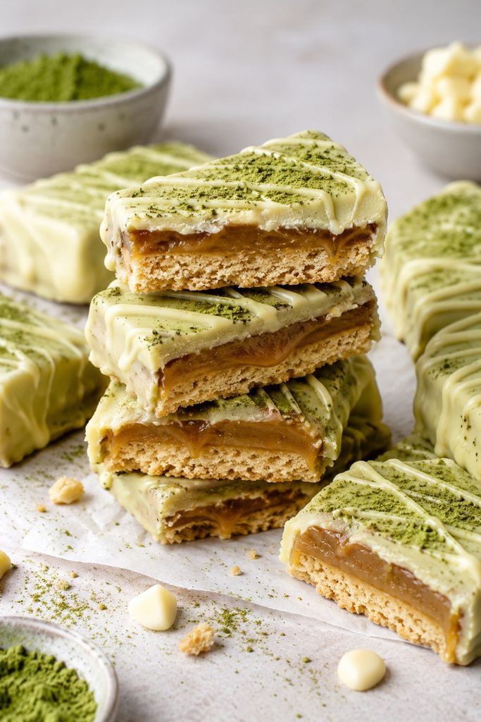Egymásra rakott Matcha Twix szeletek, a vágott oldalukon látszik az omlós tésztaalap és a karamellréteg
