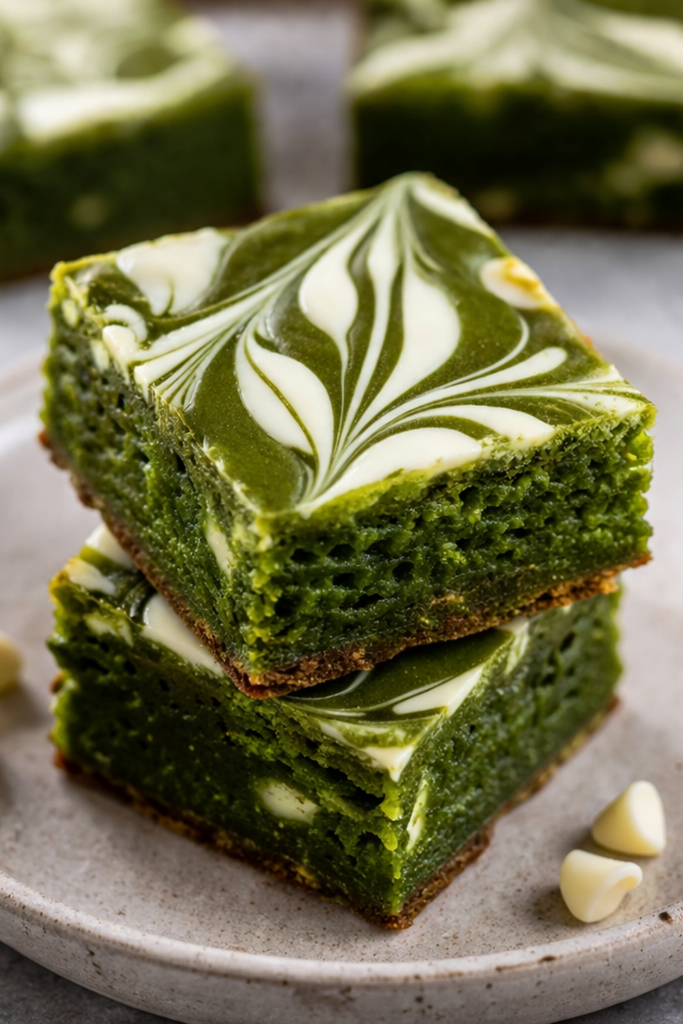 Két egymásra rakott fehércsokis Matcha brownie szelet márványos tetővel közelről