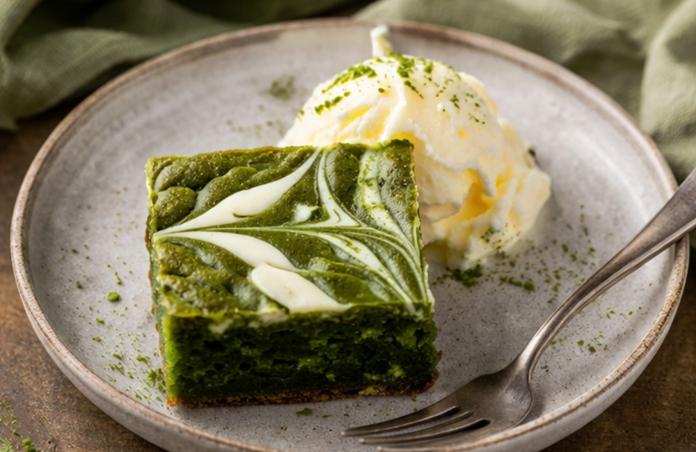 Matcha brownie szelet vaníliafagylalttal és villával egy szürke kerámiatányéron