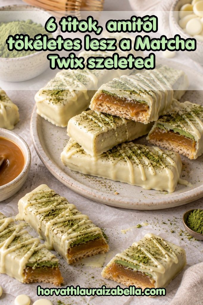 Matcha Twix szeletek fehér csokoládé bevonattal és karamellréteggel egy tányéron, mellettük Matcha por és fehér csokoládédarabok
