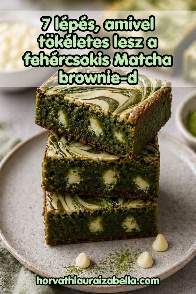 Fehércsokis Matcha brownie szeletek egymásra rakva, fehér csokoládédarabokkal egy szürke tányéron