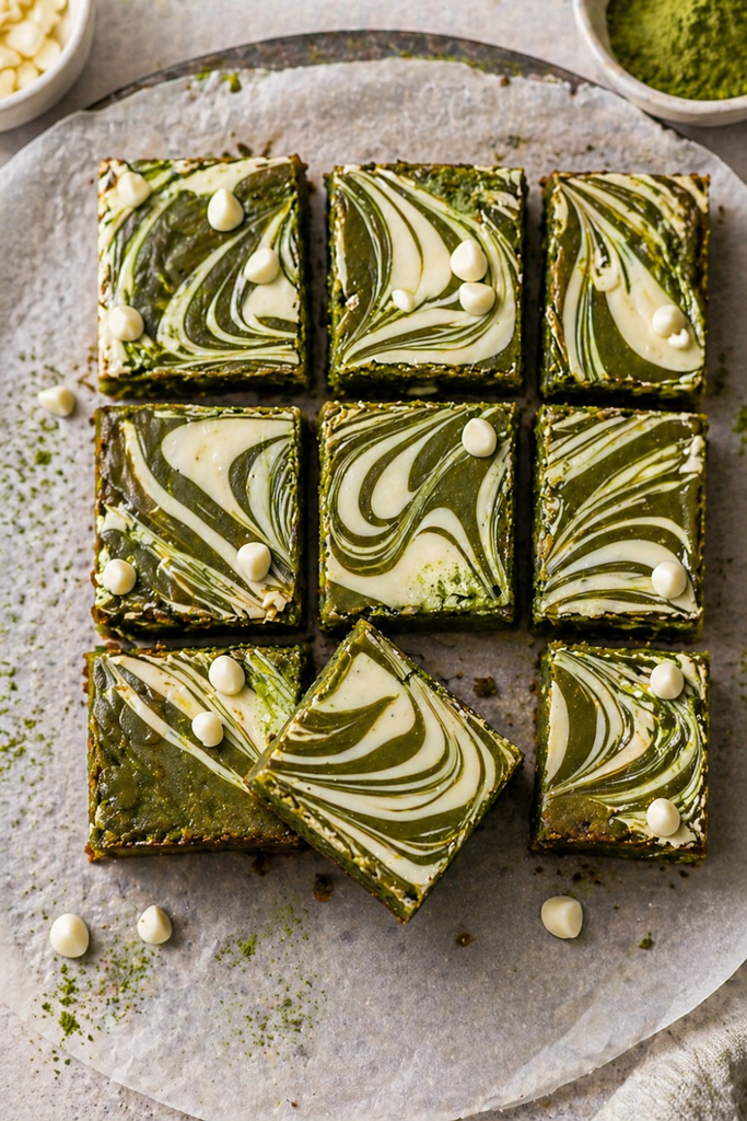 Felszeletelt Matcha brownie fehér csokis márványozással egy kerek tálcán, Matcha porral megszórva