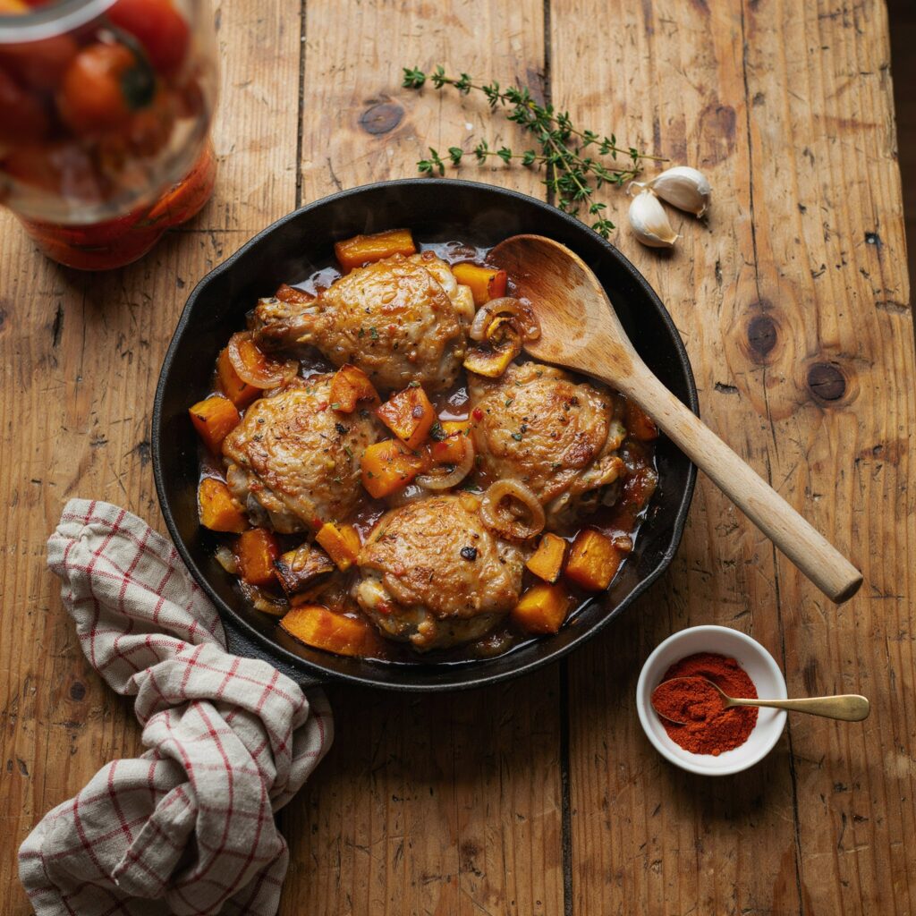 Serpenyőben sült sütőtökös csirke egytálétel, gyors vacsora recept