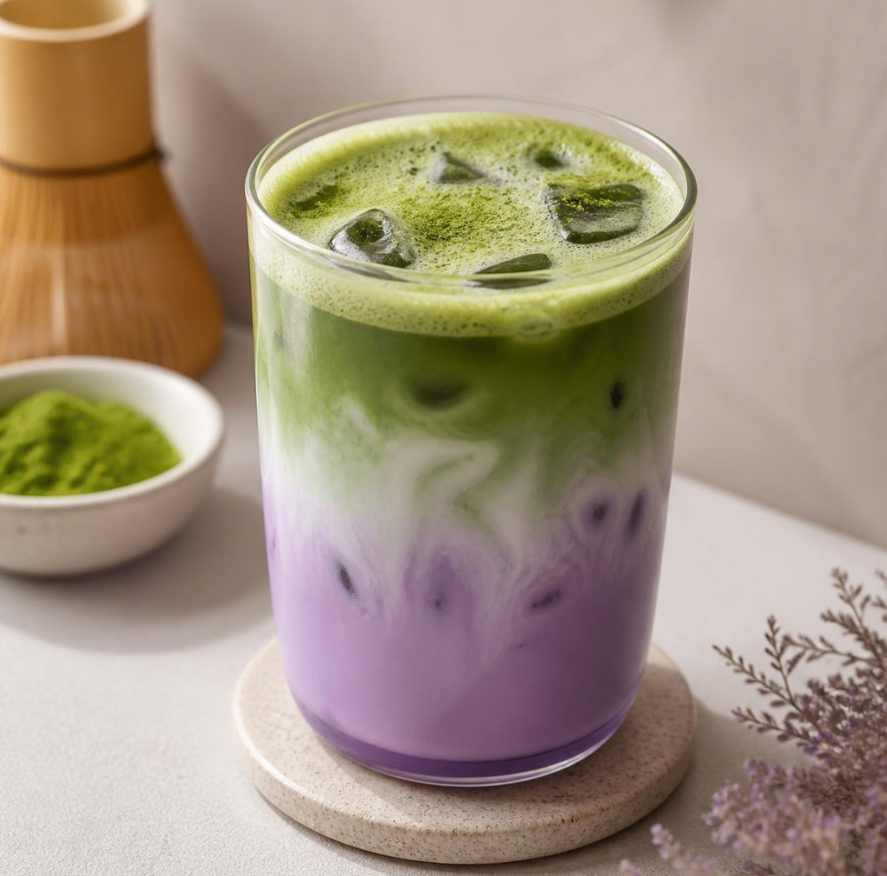 Rétegezett jeges ube Matcha latte: alul lila ube, felül zöld Matcha