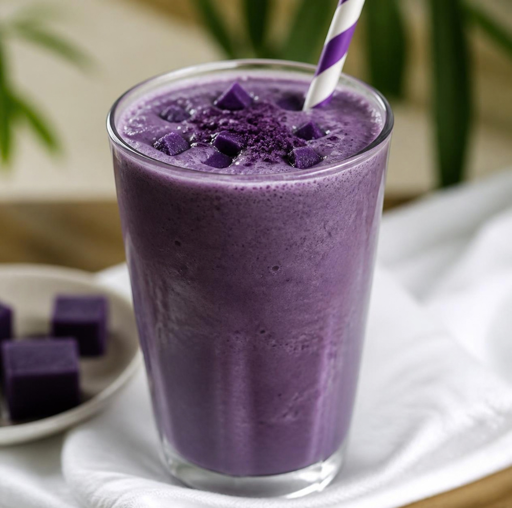 Lila ube smoothie pohárban szívószállal