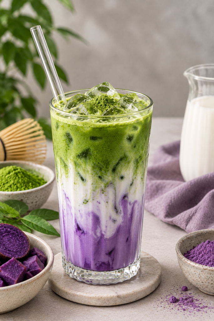 Jeges ubés Matcha latte lila ube réteggel és Matcha habbal a tetején