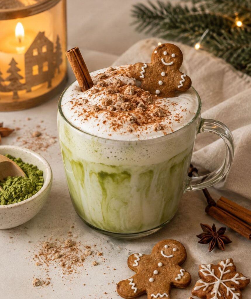 Mézeskalácsos karácsonyi Matcha latte mézeskalács figurákkal és fahéjrúddal