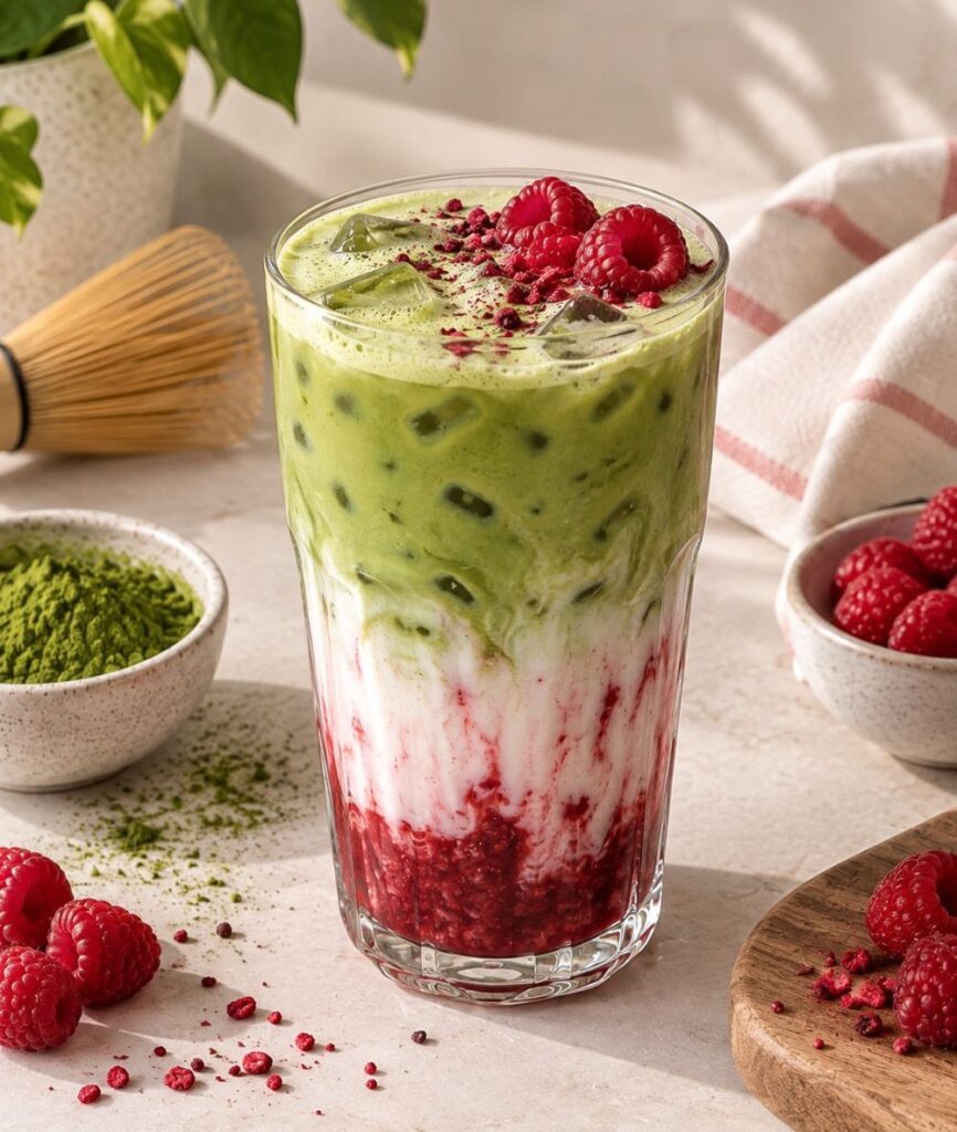 Valentin-napi Matcha recept: málnás Matcha szárított málnával a tetején