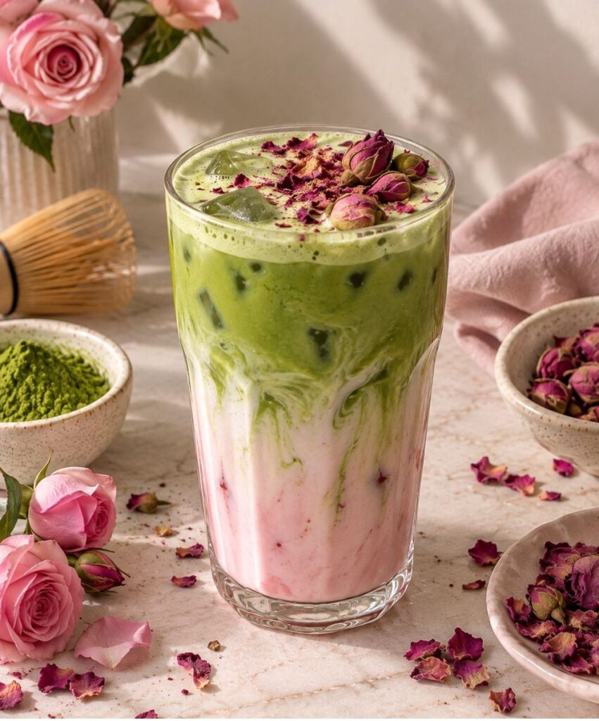 Jeges rózsás Matcha latte rózsaszirmokkal díszítve, rózsaszín tejes réteggel