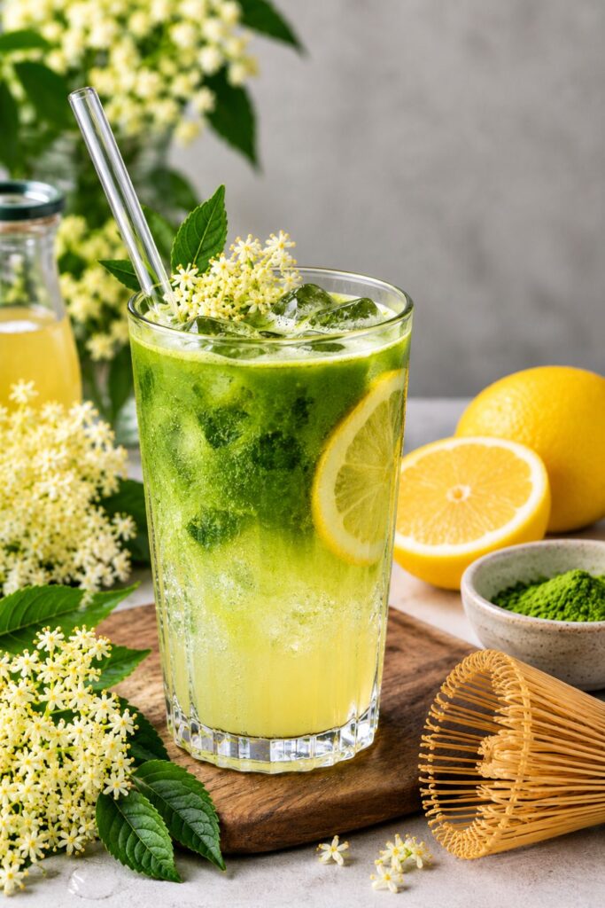 Pünkösdi bodzás Matcha limonádé citromkarikával, bodzavirágok és bambusz habverő mellett