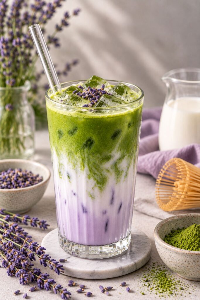 Levendulás ünnepi Matcha latte szárított levendulavirággal a tetején