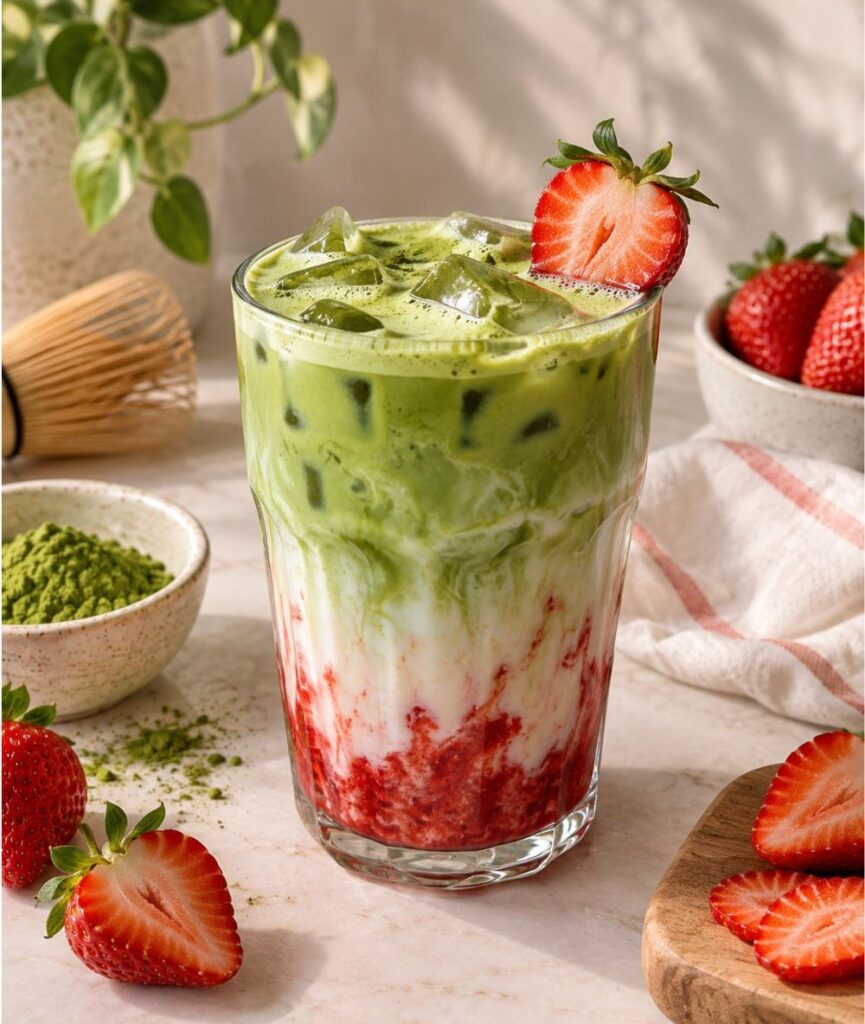 Jeges epres Matcha latte friss eperrel a tetején, az alján eperpürével