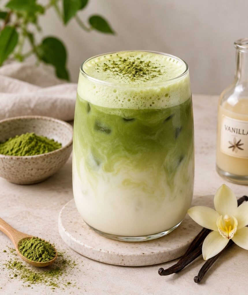Húsvéti Matcha recept: jeges vaníliás Matcha latte, mellette vaníliarúd