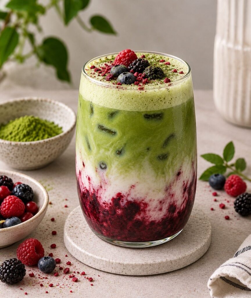 Ünnepi Matcha bogyós gyümölcsökkel, áfonyával és málnával a tetején