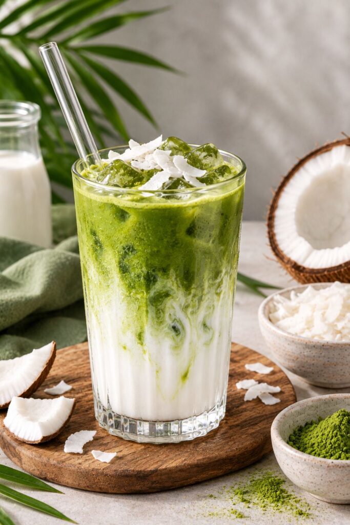 Jeges kókuszos Matcha latte kókuszreszelékkel, mellette félbevágott kókuszdió