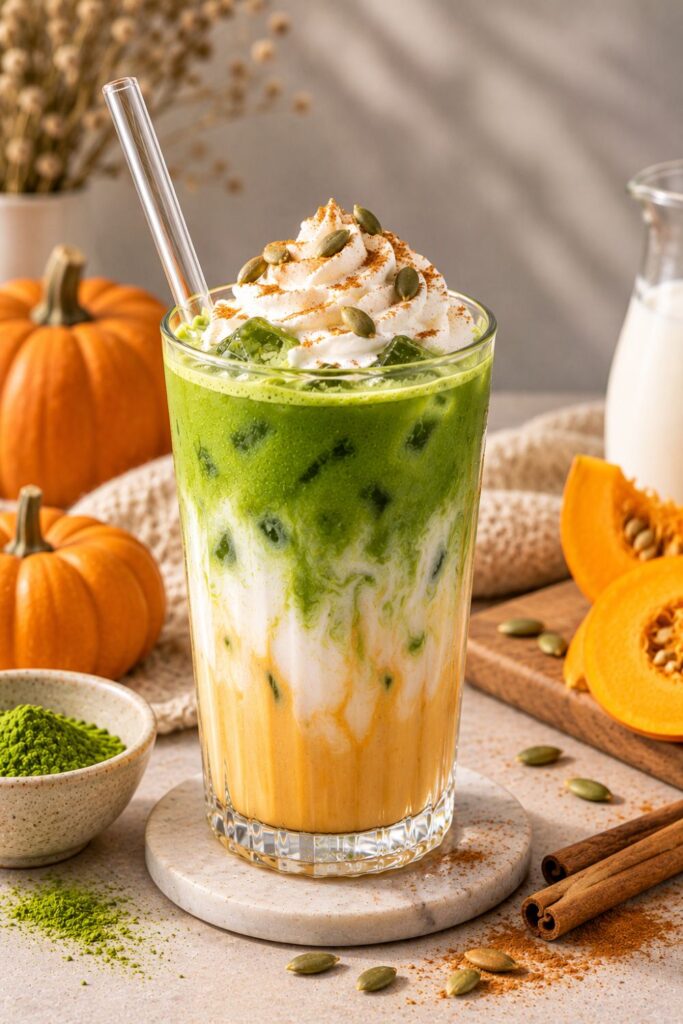 Tökös Matcha latte tejszínhabbal és tökmaggal, narancssárga tökös réteggel
