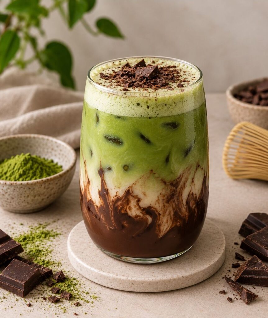 Jeges étcsokoládés Matcha csokireszelékkel, az alján csokis réteggel