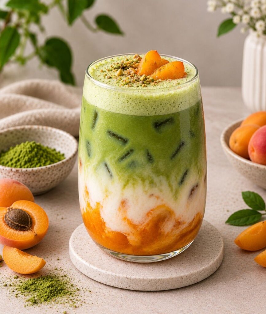 Jeges barackos Matcha barackdarabokkal és narancssárga barackos réteggel