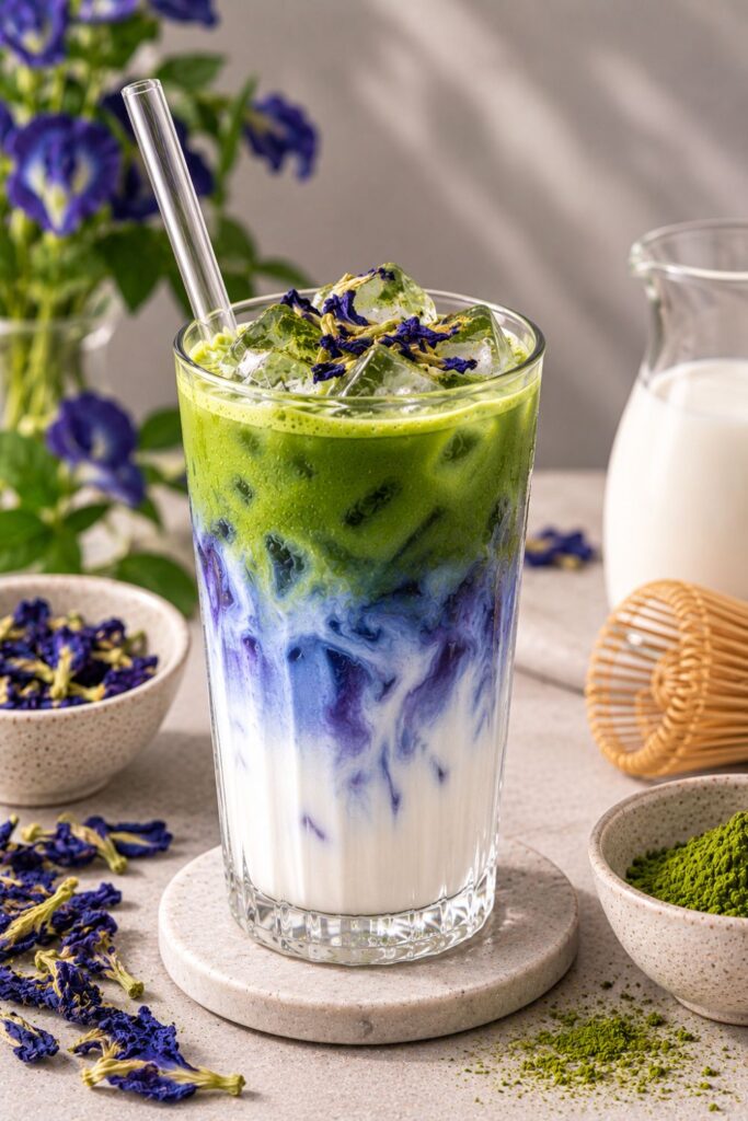 Halloweeni Matcha: kék varázsital kék virágokkal díszítve, kék réteggel az alján