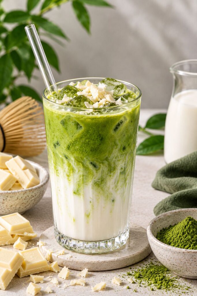 Anyák napi Matcha recept: fehércsokis Matcha latte fehércsokoládé darabokkal