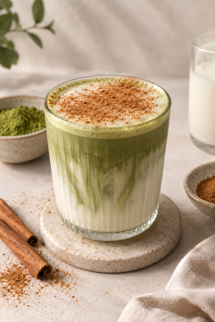 Ünnepi Matcha latte fahéjjal megszórt tejhabbal, mellette fahéjrudak és Matcha por