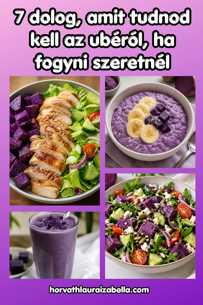 Ube fogyáshoz: lila ube kockák grillezett csirkével és salátával, ube zabkása banánnal, ube smoothie és ube saláta kollázs