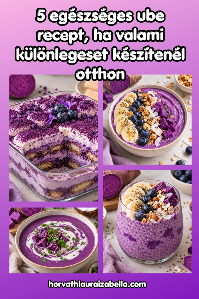 5 egészséges ube recept – lila tiramisu, ube smoothie bowl és más lila desszertek kollázsban