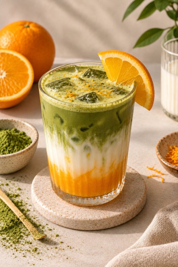 Jeges narancsos Matcha narancsszelettel díszítve, mellette félbevágott narancsok